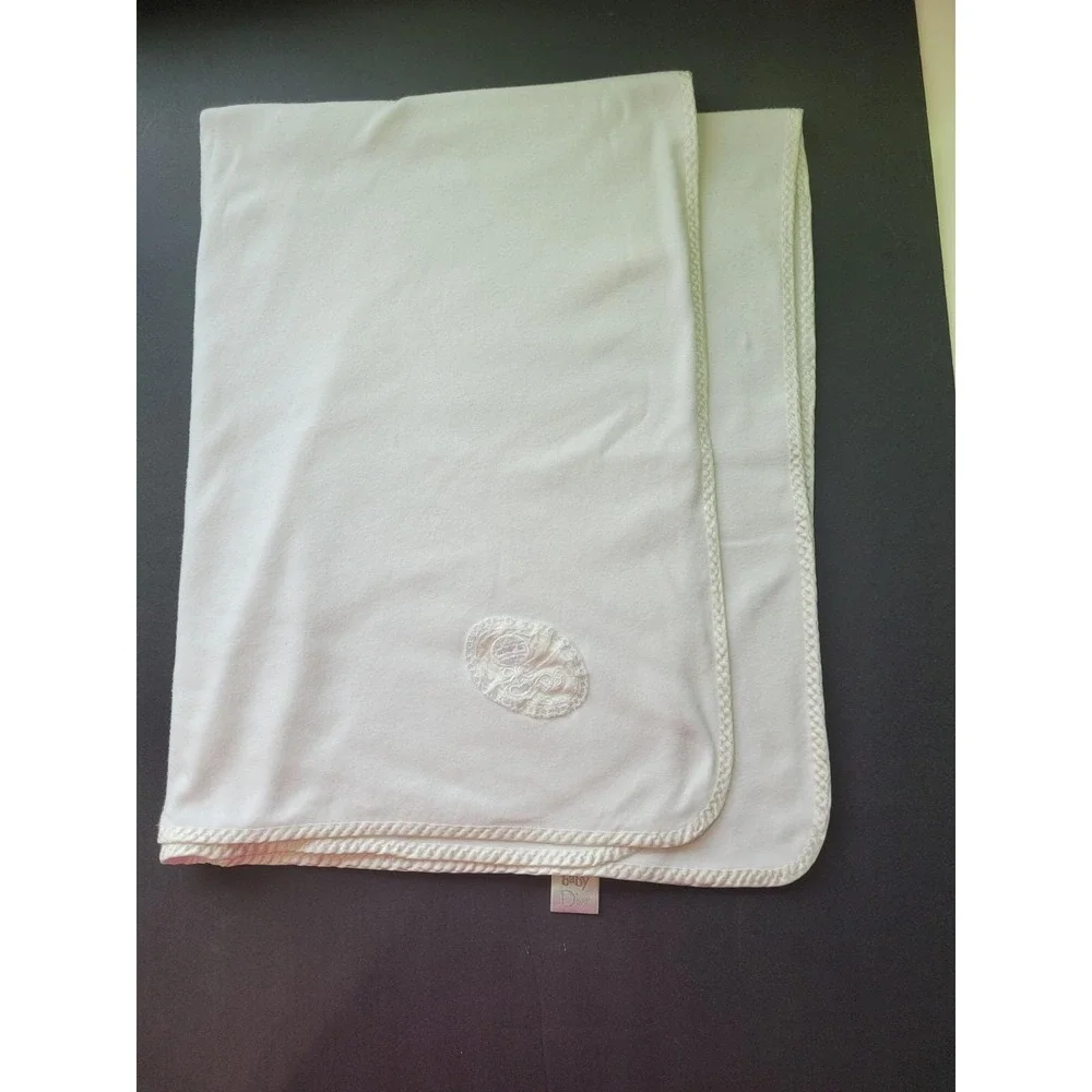 Vintage Baby Dior White Baby Blanket 36 x 30 Luxury Nursery Cotton Satin Edge